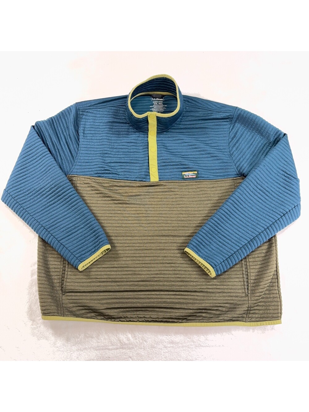 L.L. Bean Mens XXL Ribbed Knit Snap Pullover Blue Olive Slightly Fitted